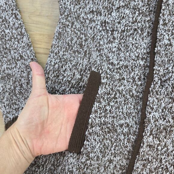 🩵Brown & White Variegated Trim Open Front Hooded Cardigan Large - Picture 10 of 14